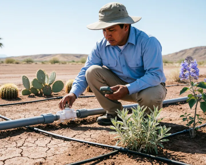 Technician maintaining irrigation lines at a Mesa property