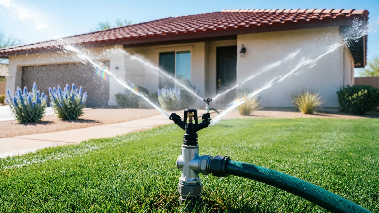 Irrigation system installation in Phoenix front yard with lush landscaping
