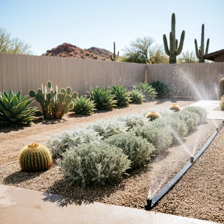 Backyard irrigation system with shrubs and plants in Scottsdale